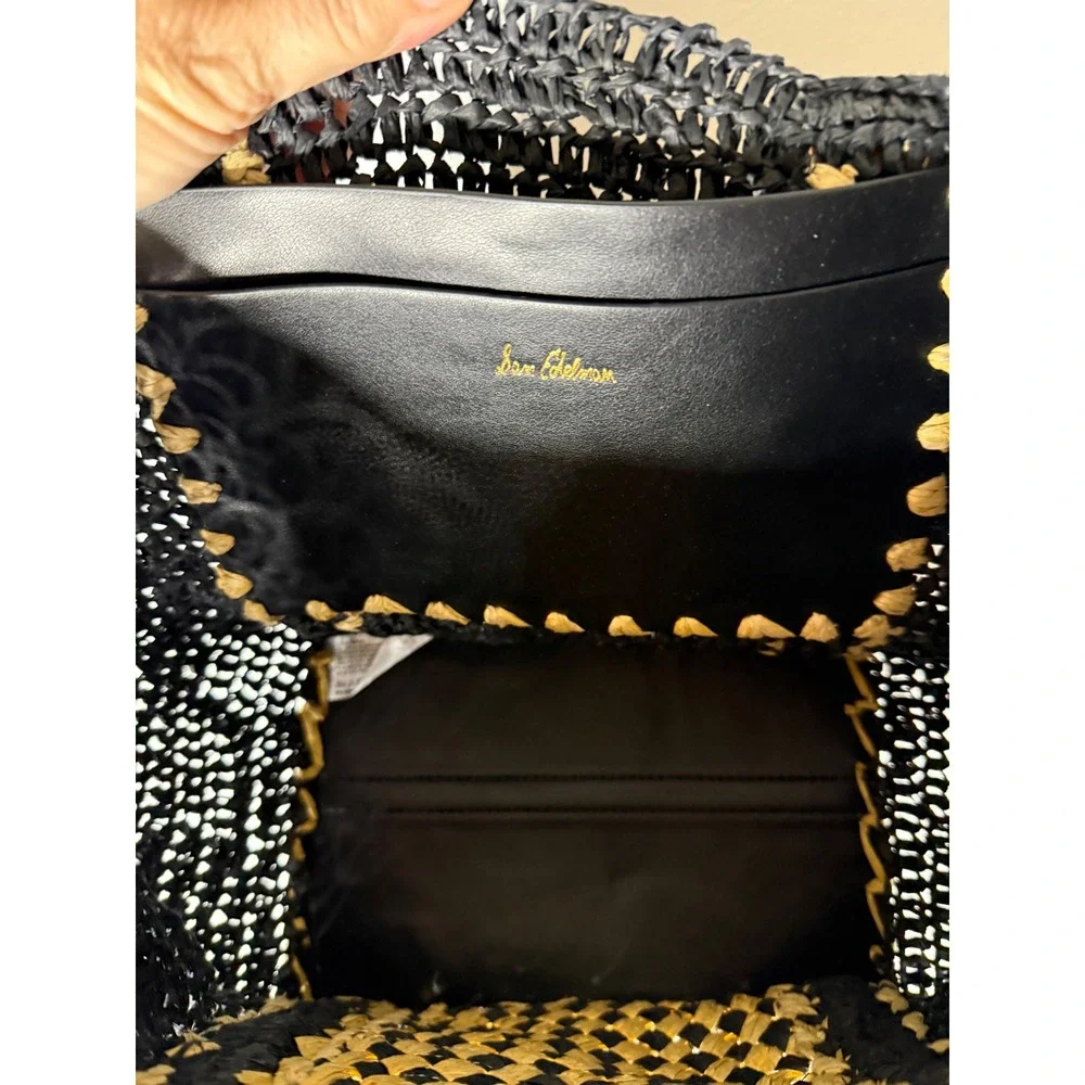 Sam Edelman Woven Straw Tote Bag Black Tan Brown Logo Handbag Summer Boho